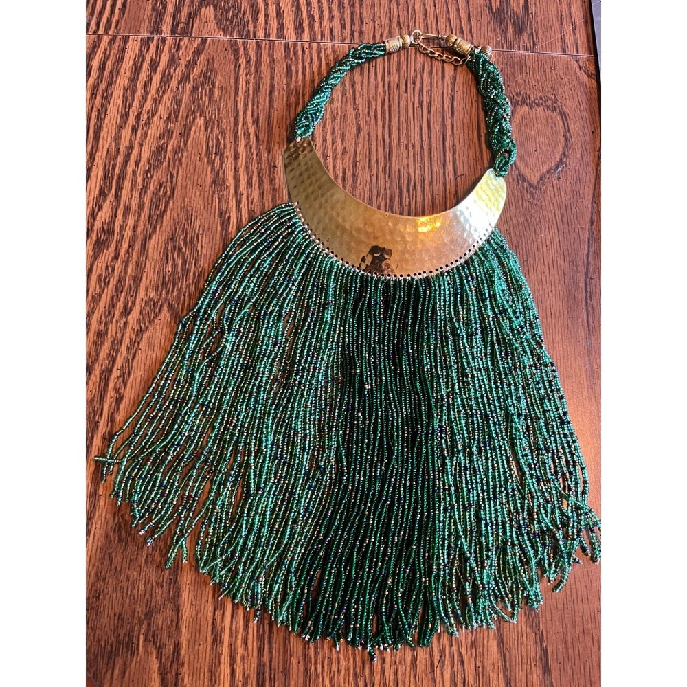 BOHO Vintage Tribal Brass NECKLACE Green Glass Seed Beads, Simple Pattern